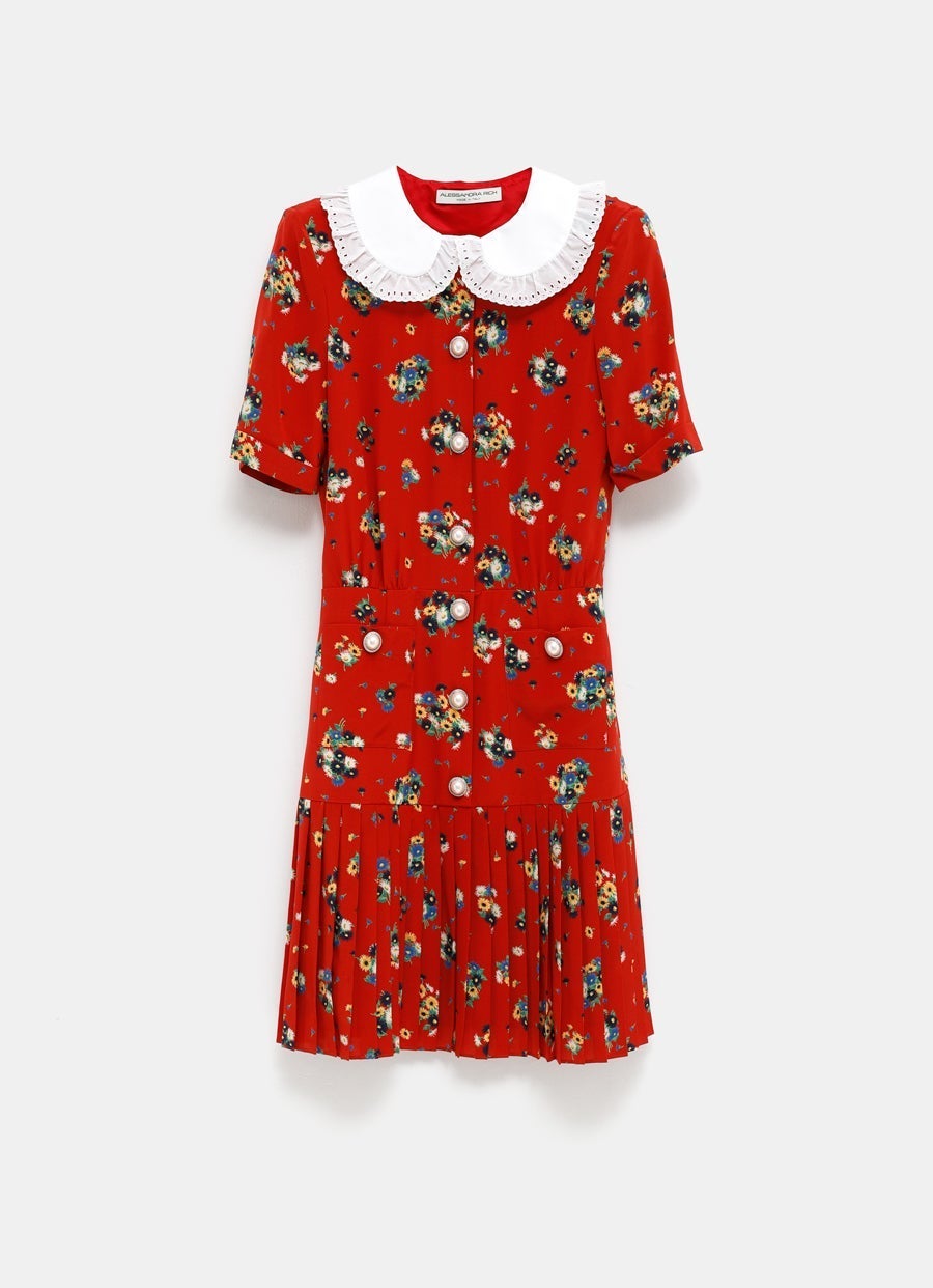 Daisy Print Silk Pleated Mini Dress with Collar