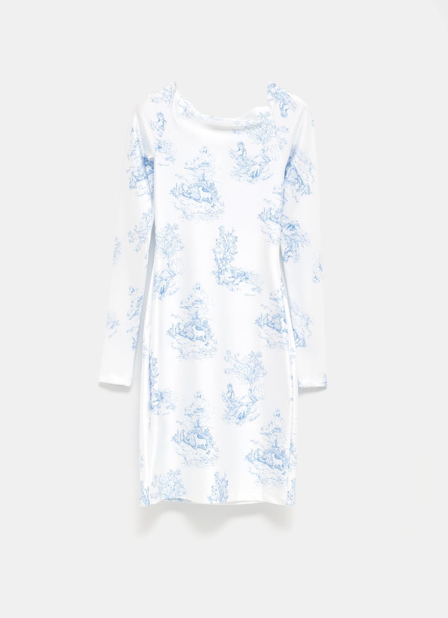 Toile de Jouy Print Twisted Cut-Out Jersey Dress