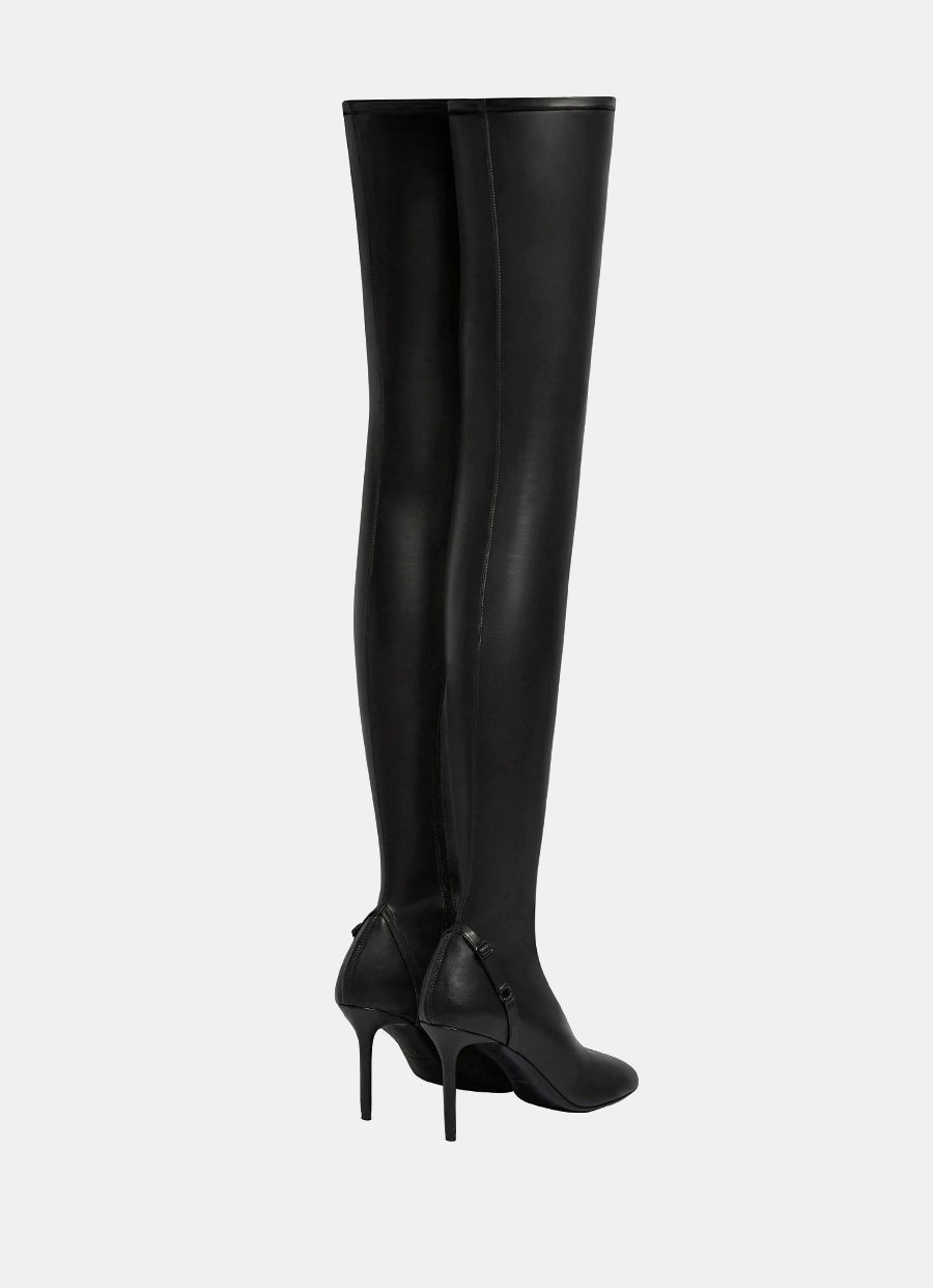 Oblique Stretch Leather Effect Thigh Boots